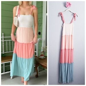 Bepop Pastel Smocked Tiered Maxi Dress with Bow Straps